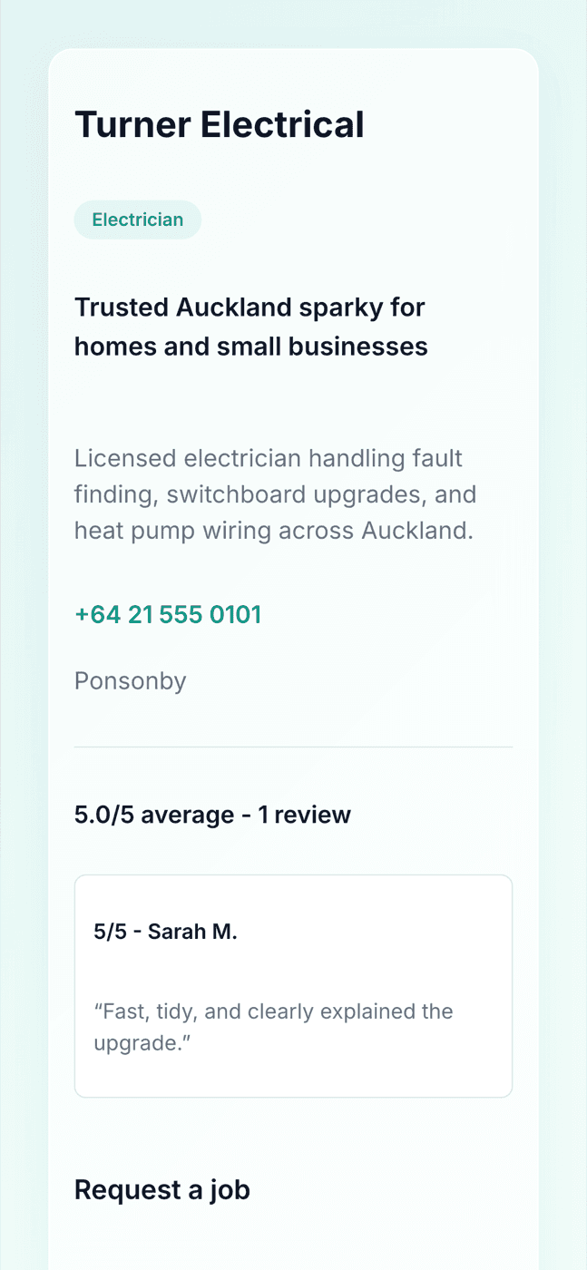 Turner Electrical's public profile page with tagline, contact details and a five-star review