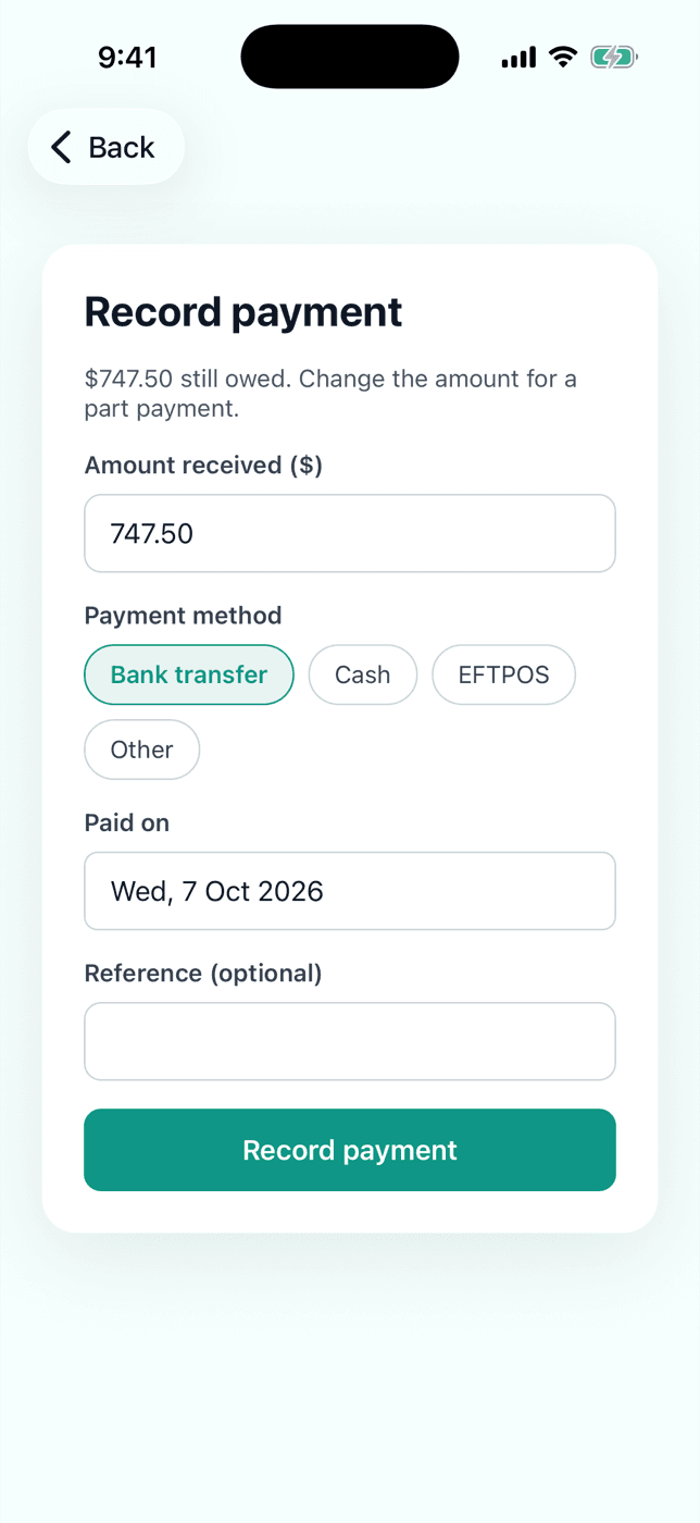 Recording a payment in the Carabo mobile app